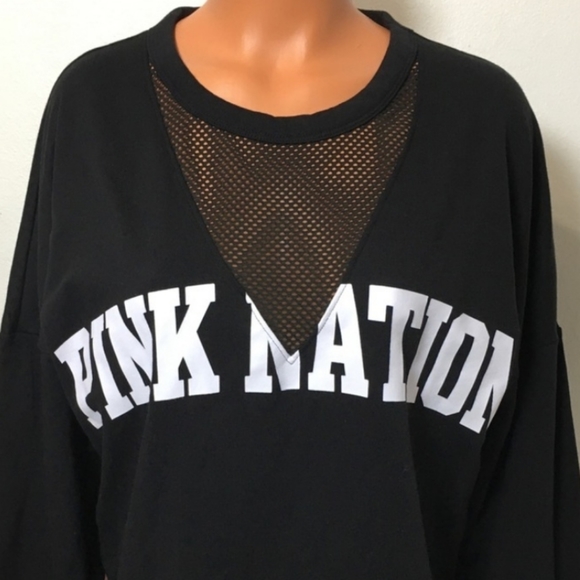 Pink Victoria's Secret Campus Crew Mesh Logo Sweatshirt Size L Womens Black Top - Picture 2 of 9
